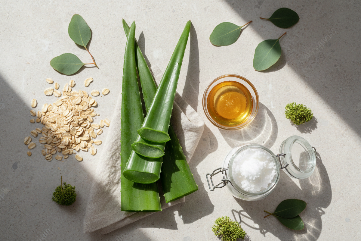 Remèdes naturels peau sèche : aloe vera, miel, huile de coco et avoine sur pierre claire