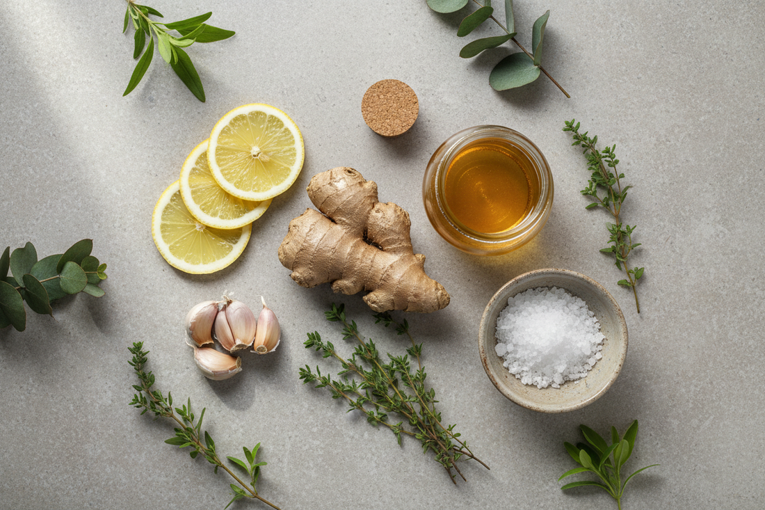 Remèdes naturels contre le rhume : gingembre, miel, citron, thym et ail