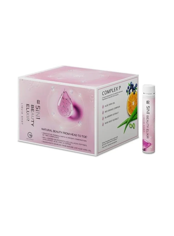 Révélez votre beauté avec le 5in1 Beauty Elixir LR : 2,5 g collagène, 120 mg acide hyaluronique, 9 vitamines. Rides -20 %, élasticité +15 %. 1 shot/jour. 750 ml