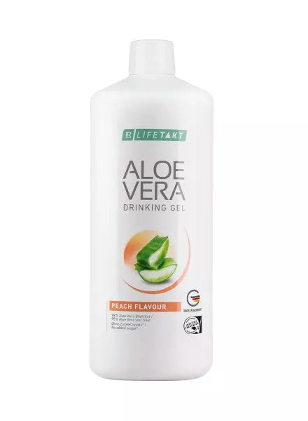 Gel à boire Aloe Vera Pêche LR Lifetakt : 98% Aloe Vera pur et arôme pêche naturel pour soutenir hydratation, digestion et bien-être au quotidien. 1 flacon 1L.
